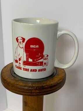 Vintage RCA Victor Nipper Dog Coffee Mug Clark Tire and Auto Advertisement